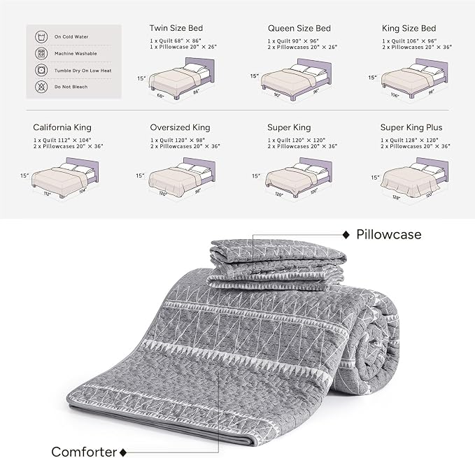 Andency Oversized Super King Quilt Set Grey, 3 Pieces Boho Lightweight Soft - Image 6