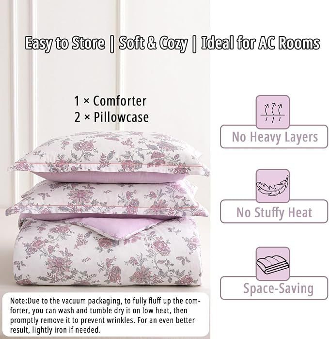 LEMIROE Pink Floral Cotton Comforter Queen Size 3PC - Image 7