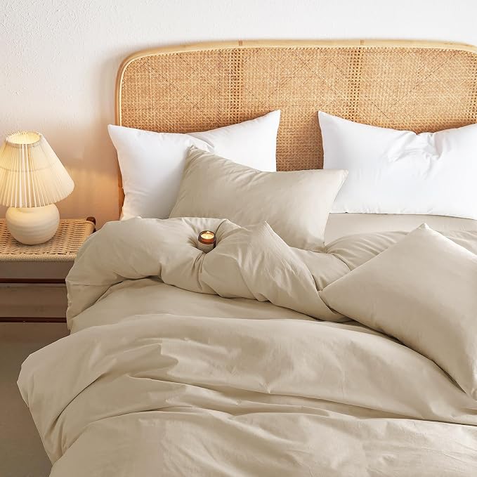 Wake In Cloud - Cotton Duvet Cover Set, Twin Size, Khaki Linen Color, 100% - Image 5