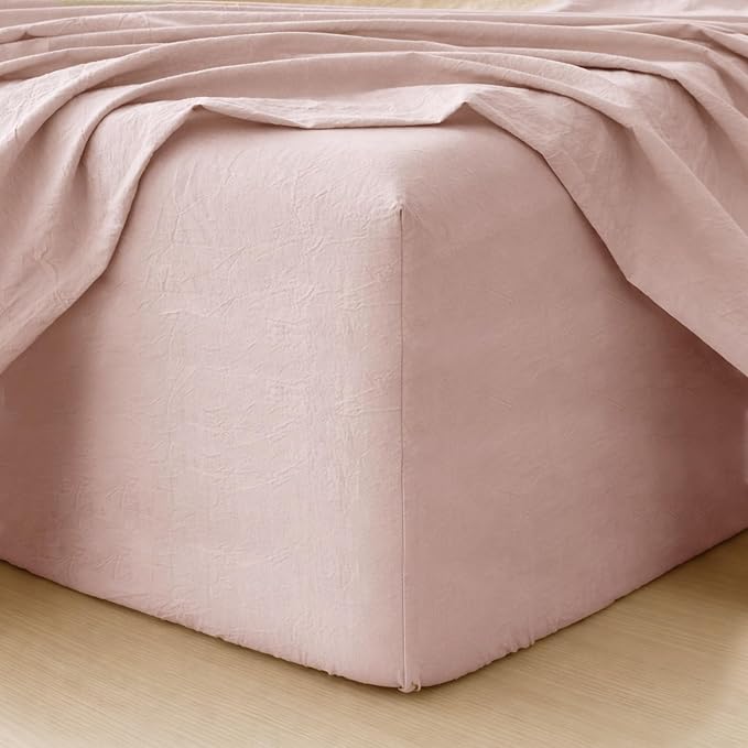 MooMee Fitted Bottom Sheet Only 100% Washed Cotton Linen Like Textured by MOOMEE