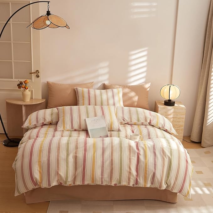 mixinni Vintage Striped Duvet Cover Set Twin, 3-Piece Washed Cotton Bedding Set - Image 3