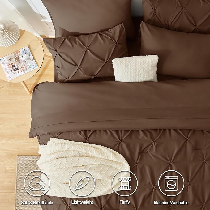 CozyLux Queen Comforter Set Brown, 7 Pieces Pintuck Bed in A Bag, Premium Brown - Image 2
