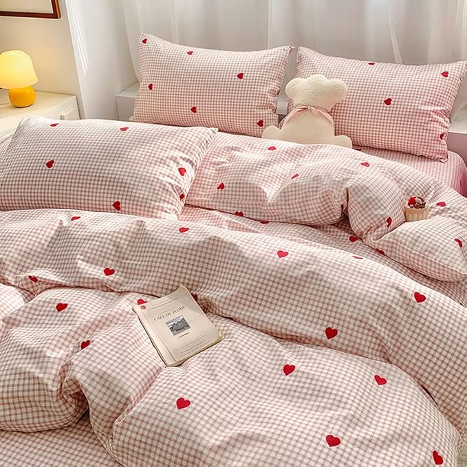Nayoroom Gingham Duvet Cover Full Size Pink Plaid Red Heart Printed on White - Image 4