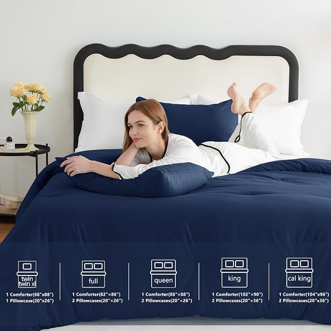 CozyLux Twin Comforter Set Navy Blue, 2 Pieces Twin Extra Long Solid Breathable - Image 6