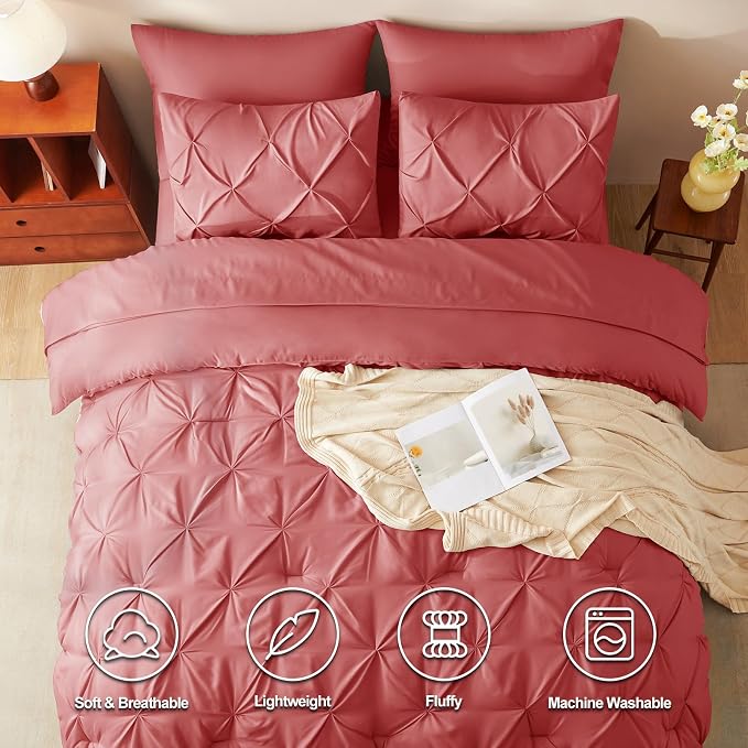 CozyLux Full Size Comforter Sets Coral, 7 Pieces Pintuck Bed in A Bag Coral - Image 2