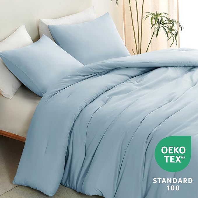 CozyLux Queen Comforter Set Light Blue, 3 Pieces Solid Comforters Queen Size - Image 4