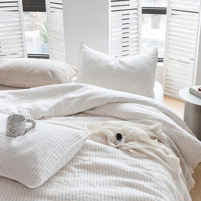 Simple&Opulence 100% Linen Duvet Cover Set 3pcs Yarn Dyed Vertical Pinstripe - Image 9