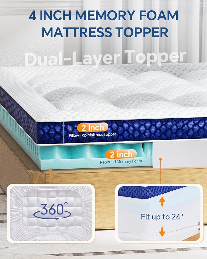 BEDELITE King Mattress Topper Dual Layer 4 Inch Memory Foam Mattress Topper - Image 5