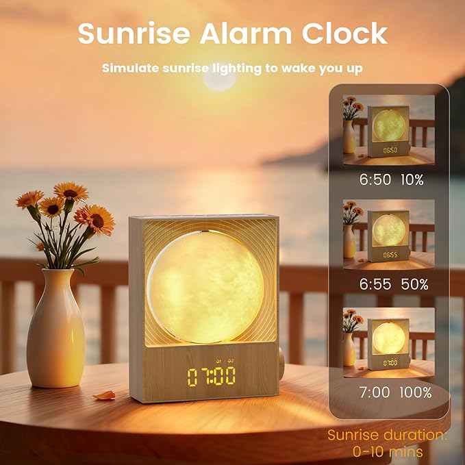 Sunrise Alarm Clock, 360-Degree Rotating Moonlight & 10 White Noise Sounds - Image 4