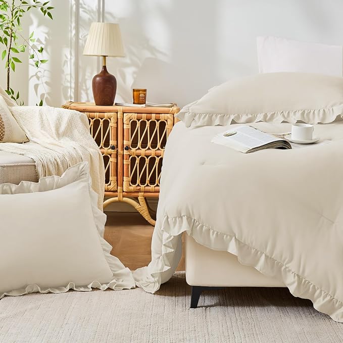 FUANNA Full Size Comforter Sets Cream White, 3 Pieces Ruffle Full Size Bedding - Image 6
