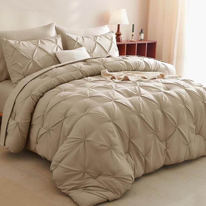 CozyLux Full Size Comforter Sets Taupe, 7 Pieces Pintuck Bed in A Bag Taupe by CozyLux