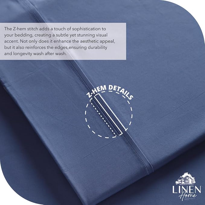 Linen Home 100% Cotton Percale Sheet Set, Twin Size, Dark Blue, Deep Pocket - Image 3