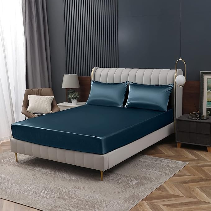 Homiest Deep Sea Blue Satin Fitted Sheet Twin XL Size, Deep Pocket, Luxury & - Image 9