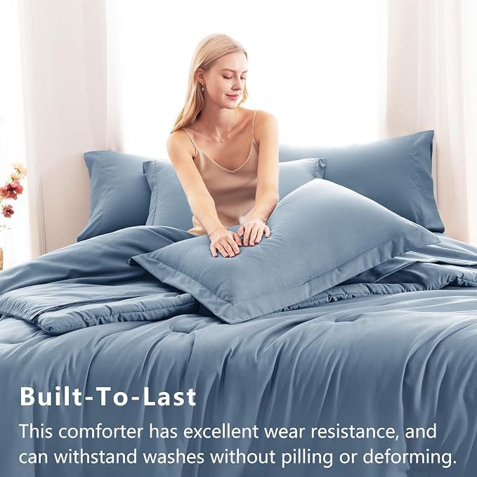 CozyLux Oversized Queen Comforter Set Grayish Blue, 7 Pieces Bed in a Bag - Image 3