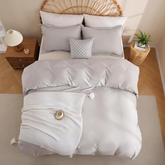 JSD Light Grey Duvet Cover Set Queen Size, 3 Piece Duvet Cover - Image 8