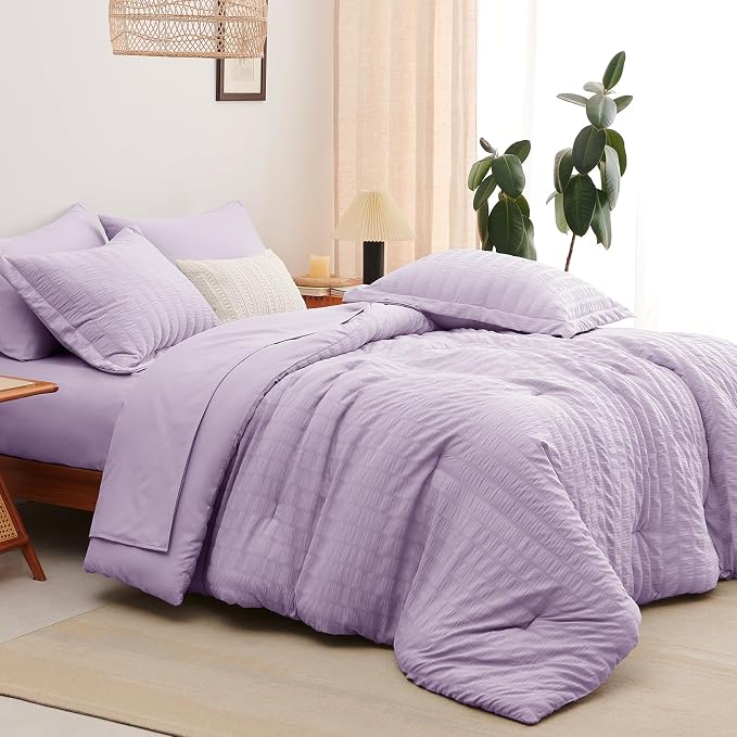 CozyLux Queen Comforter Set Light Purple Seersucker 7 Pieces Bed in a Bag Queen - Image 8