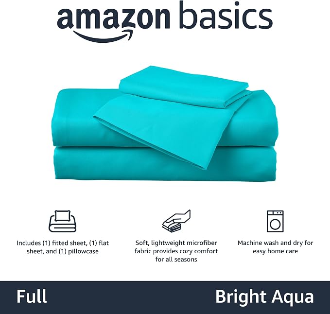 Amazon Basics Kid's Breathable Soft Microfiber 4-Piece Sheet Set, Bright Aqua - Image 3