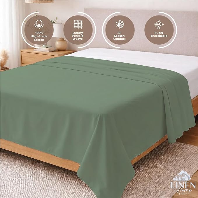 Linen Home 100% Cotton Percale 1 Flat Sheet, Queen Size - Image 3