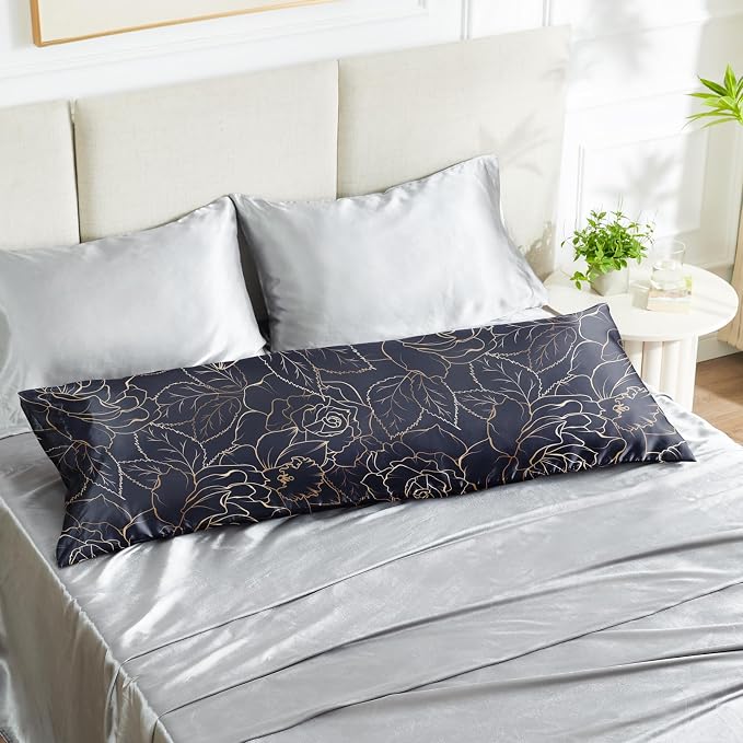EXQ Home Satin Body Pillowcase for Hair and Skin- Rose on Blue Silk Long - Image 5