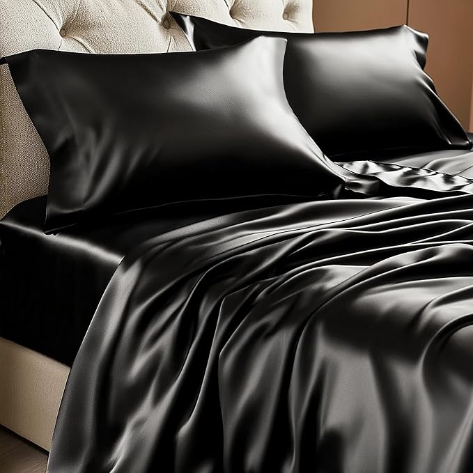 BEDELITE Satin Sheets Full XL Size Bed Set, Luxury Soft Black Silky Sheets by BEDELITE