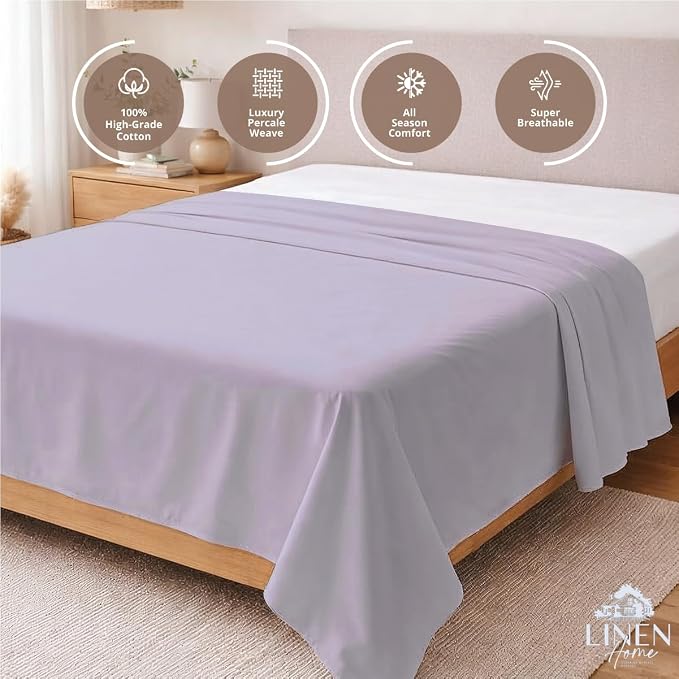 Linen Home 100% Cotton Percale 1 Flat Sheet, Queen Size - Image 3