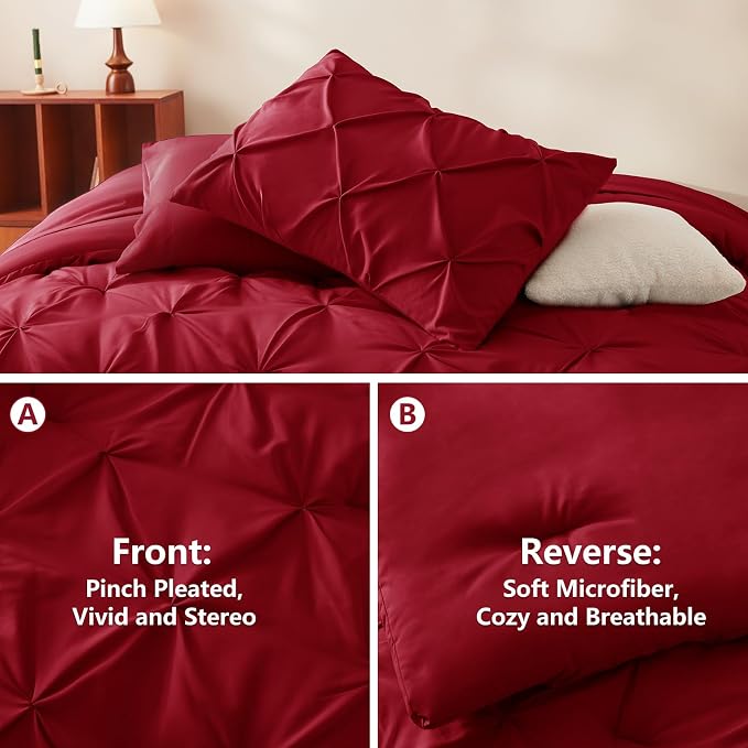 HIMEET Pintuck Bed in a Bag, 7 Pieces Queen Size Comforter Set Dark Red - Image 3
