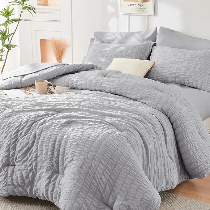 HYMOKEGE Light Grey Full Size Comforter Sets Seersucker 7 Pieces, All Season by HYMOKEGE