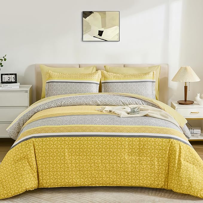 WONGS BEDDING Yellow Comforter Set King Size, 7 Pieces Striped Bed in a Bag - Image 2
