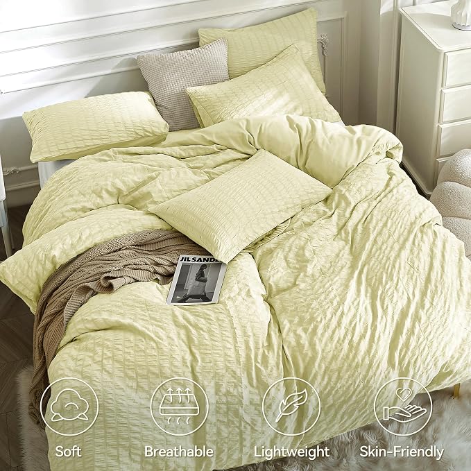 JELLYMONI Light Yellow Duvet Cover Full Size, Soft Breathable Seersucker Duvet - Image 2