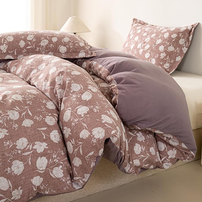 OAITE Purple Flower King Size Duvet Cover-3 Pieces Prewashed Cotton-Like - Image 2