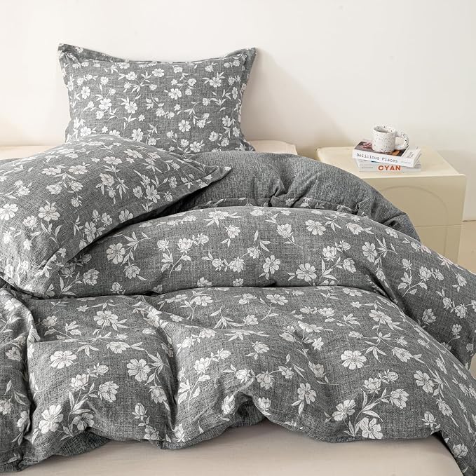 OAITE Grey Flower King Size Duvet Cover-3 Pieces Prewashed Cotton-Like - Image 3