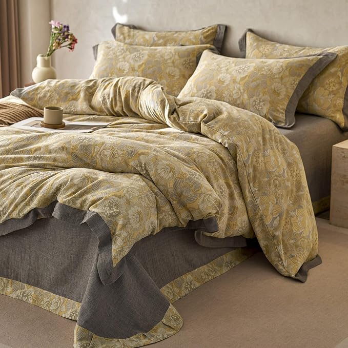 mixinni Duvet Cover Queen, Premium Cotton Double-Layer Yarn Golden Floral - Image 8