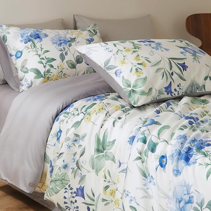 mixinni Reversible Floral Duvet Cover Set King Size, 3 Piece Blue Green - Image 2