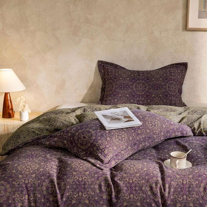 mixinni Purple Green Floral Duvet Cover King Size, Elegant Double-Layer Yarn - Image 3