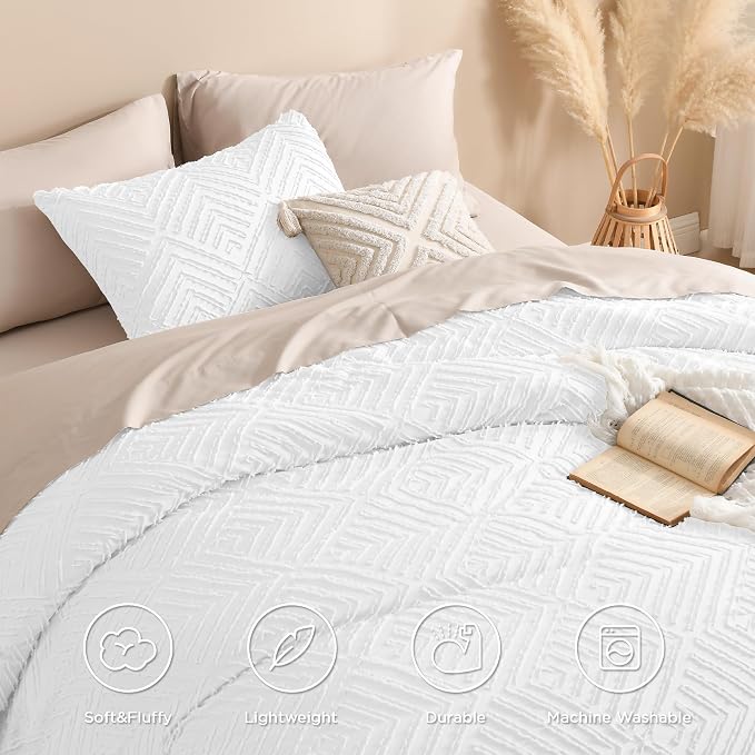 Andency White Comforter Set Queen Size, Boho Lightweight Fluffy Bedding - Image 4