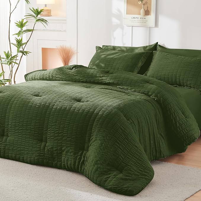 HYMOKEGE Olive Green Twin Comforter Set Seersucker 5 Pieces, All Season Luxury - Image 8