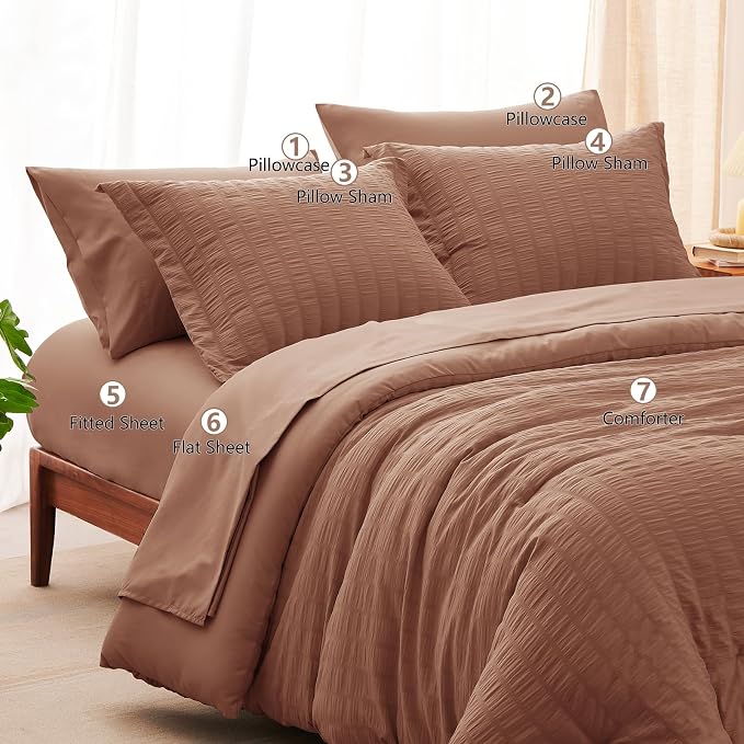CozyLux King Size Comforter Set Mocha Mousse Seersucker 7 Pieces Bed in a Bag - Image 7
