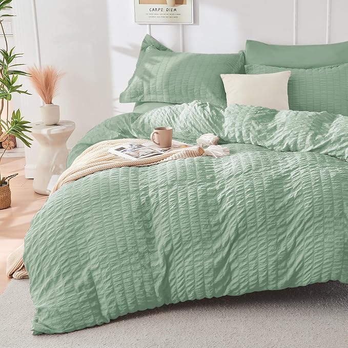 HYMOKEGE Sage Green Twin Comforter Set Seersucker 5 Pieces, All Season Luxury - Image 2