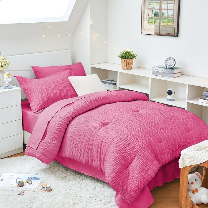 HYMOKEGE Hot Pink Twin XL Comforter Set Seersucker 5 Pieces, All Season Luxury by HYMOKEGE