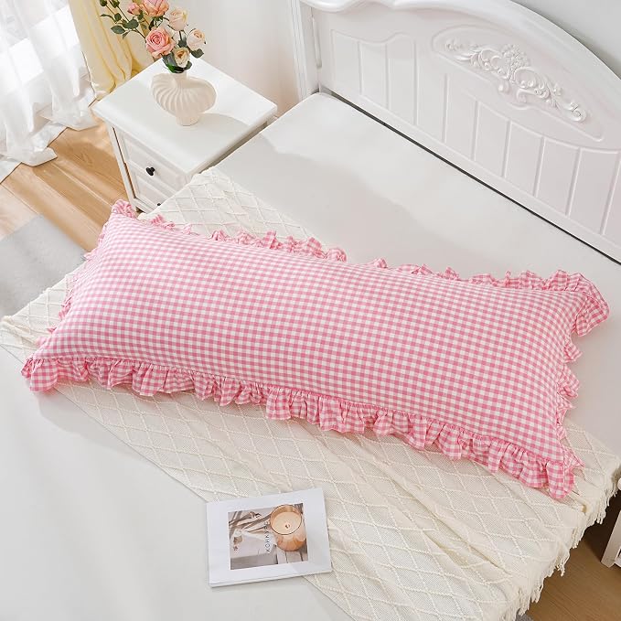 Pink/White Gingham Body Pillow Sham 20x54 inches, 100% Washed Cotton Ruffled - Image 4
