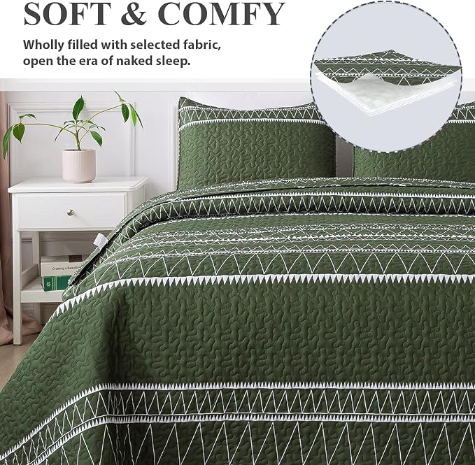 Andency Green King Size Quilt Set, 3 Pieces Boho Lightweight Soft Striped - Image 3