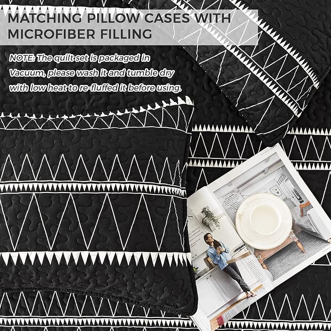 Andency Black California King Quilt Set, 3 Pieces Boho Lightweight Soft Striped - Image 6