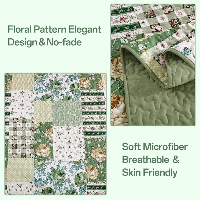 Anibedding Patchwork Quilt Set King Size Sage Green Floral Bedspread Coverlet - Image 4