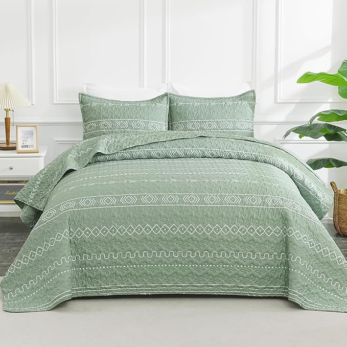 Andency Sage Green Quilts Queen Size, 3 Pieces Queen Quilt Bedding Set Boho by Andency