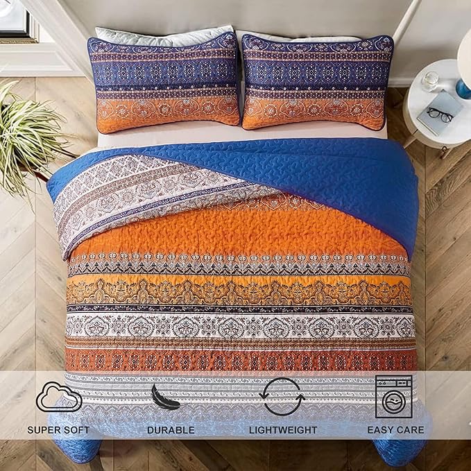 WONGS BEDDING Boho Fall Quilt Full Size, 3 Pieces Orange Blue Bohemian - Image 3