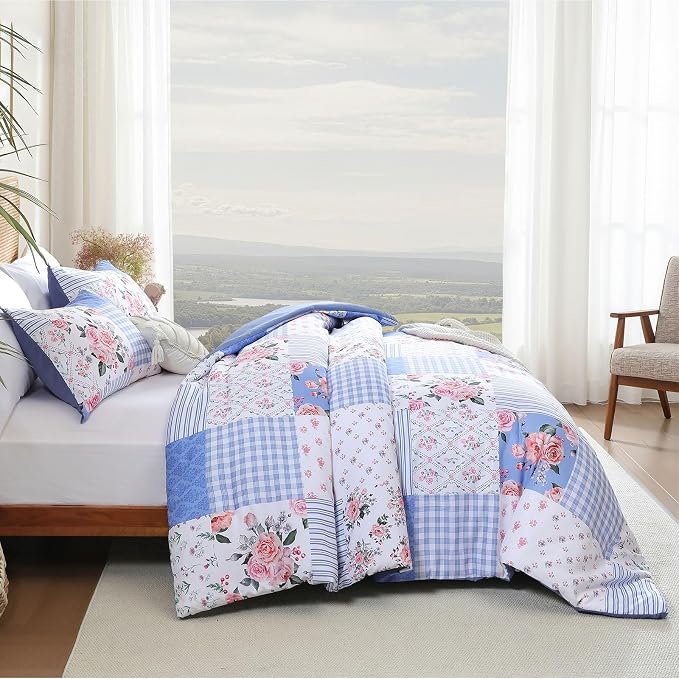 YIKUSH Queen Comforters Set Floral Comforter Bedding Set Blue Cozy Breathable - Image 5