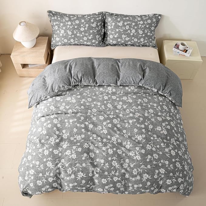 OAITE Grey Flower King Size Duvet Cover-3 Pieces Prewashed Cotton-Like - Image 6