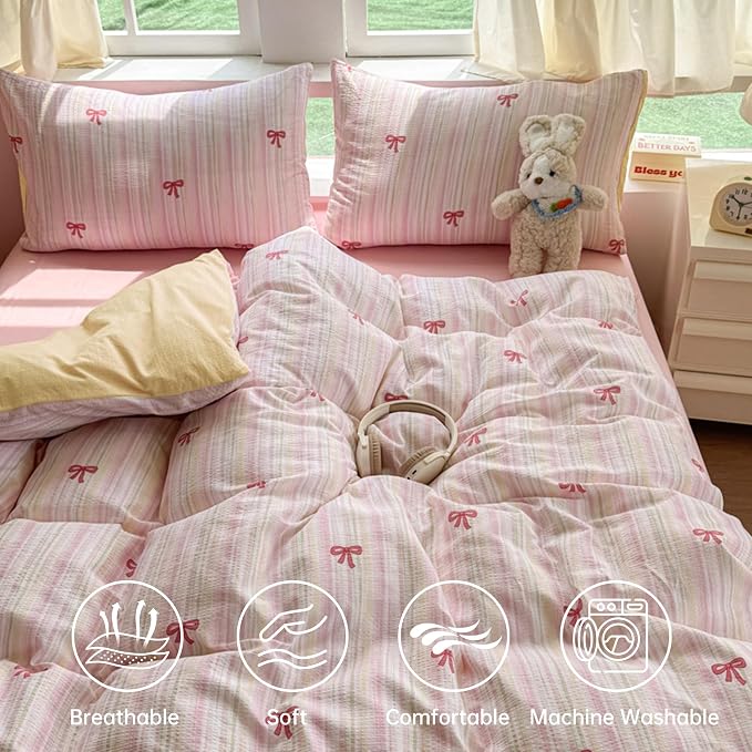 BOLINLIVING Pink Bow Duvet Cover Twin Size, Girls Kids Cute Striped Bowknot - Image 3