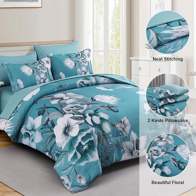 Luxudecor Floral Comforter Set Queen Size 7 Piece, Teal Blue Flower Bed in a Bag - Image 6