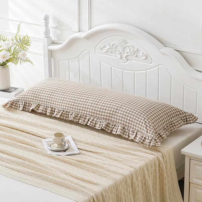 Taupe/White Plaid Ruffled Body Pillow Cover Washed Cotton Farmhouse Checkered - Image 2